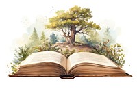 Watercolor illustration of open book publication reading nature.