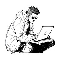 Hacker with laptop sketch drawing cartoon.