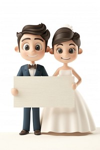 Bride and groom holding board figurine standing person.