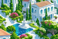 Isometric roof top garden house architecture building.