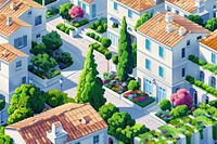 Isometric roof top garden house city town.