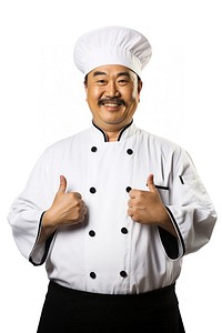 Chinese chef man adult protection gesturing.