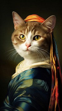 Cat costumes wearing Mona Lisa portrait animal mammal.