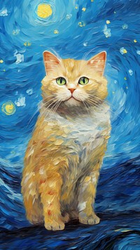Chubby cat costuming wearing vincent van gogh surrealism wallpaper animal painting portrait.
