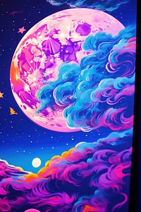 Black light oil painting of Moon purple astronomy nature.