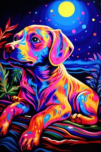 Black light oil painting of dog purple animal mammal.