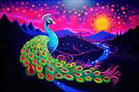 Black light oil painting of peacock pattern purple blue.