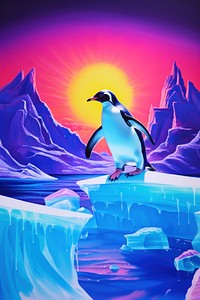 Black light oil painting of penguin outdoors iceberg nature.