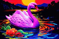 Black light oil painting of swan outdoors nature purple.