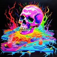 Black light oil painting of skull purple blue art.