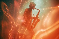 Musician playing saxophone concert guitar light.