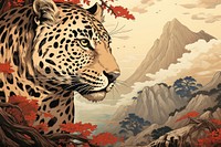 Ukiyo-e art print style of leopard wildlife outdoors mammal.