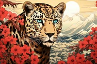 Ukiyo-e art print style of leopard wildlife animal mammal.