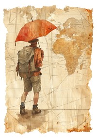 Vintage map watercolor backpack art painting.