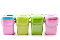 Four colorful recycle bins plastic bucket white background.