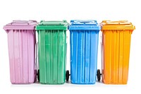 Four colorful recycle bins plastic white background container.