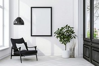 White modern room with open swing door furniture chair plant.