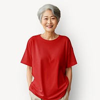 Old Asian woman in red oversized t-shirt