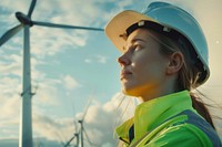 Engineer wearing hard hat turbine windmill outdoors.