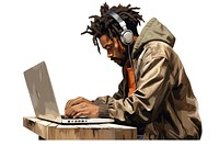 African american man headphones computer laptop.
