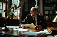 Mature businessman examining document glasses reading.