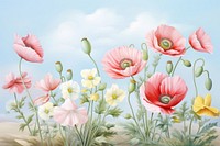 Painting of various color of poppies border outdoors flower plant.