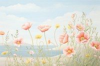 Painting of various color of poppies border outdoors nature flower.