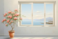 Painting of flower pot by the open window windowsill plant architecture.