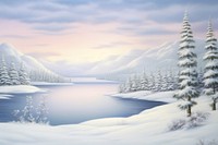 Painting of lake in winter with snow landscape outdoors nature.