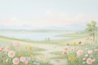 Painting of meadow in summer border landscape grassland outdoors.