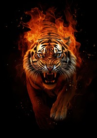 Tiger full body fire flame wildlife animal black background.