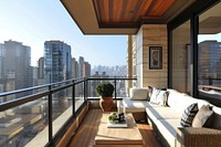 Balcony space decorate with modern sofas and picture architecture apartment furniture.