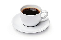 Black coffee in a white mug saucer drink cup.