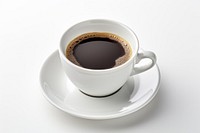 Black coffee in a white mug saucer drink cup.