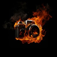 Film camera fire flame black black background photographing.