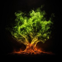 Green tree fire flame smoke black background accessories.