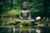 Buddha statue in tranquil lotus pond meditating buddha representation.