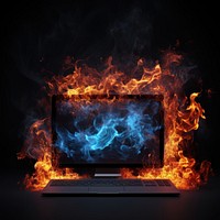 Modern computer fire flame bonfire laptop black background.