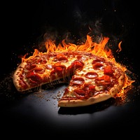Pizza fire flame food black background pepperoni.