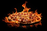 Pizza sliced fire flame food black background pepperoni.