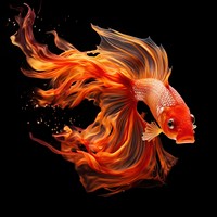 Red orange gold fish fire flame goldfish animal black background.