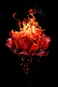 Red rose peony fire flame flower plant black background.