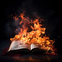 Red vintage book fire flame bonfire black background publication.