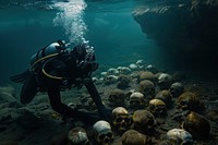 A diver under the deep sea discovering human skulls underwater recreation adventure.