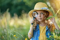 Child holding magnifying glasses portrait photo contemplation.