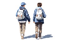 Back view of two little kids with blue backpacks walking footwear outdoors hiking.