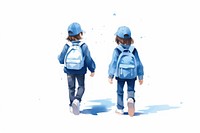 Back view of two little kids with blue backpacks walking outdoors togetherness friendship.