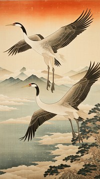 Flying elegant cranes painting animal bird.