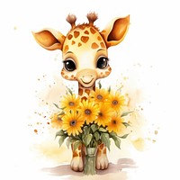 Giraffe hugging big bouquet animal sunflower cartoon.