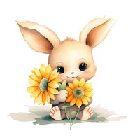 Rabbit hugging sunflower cartoon animal plant.
